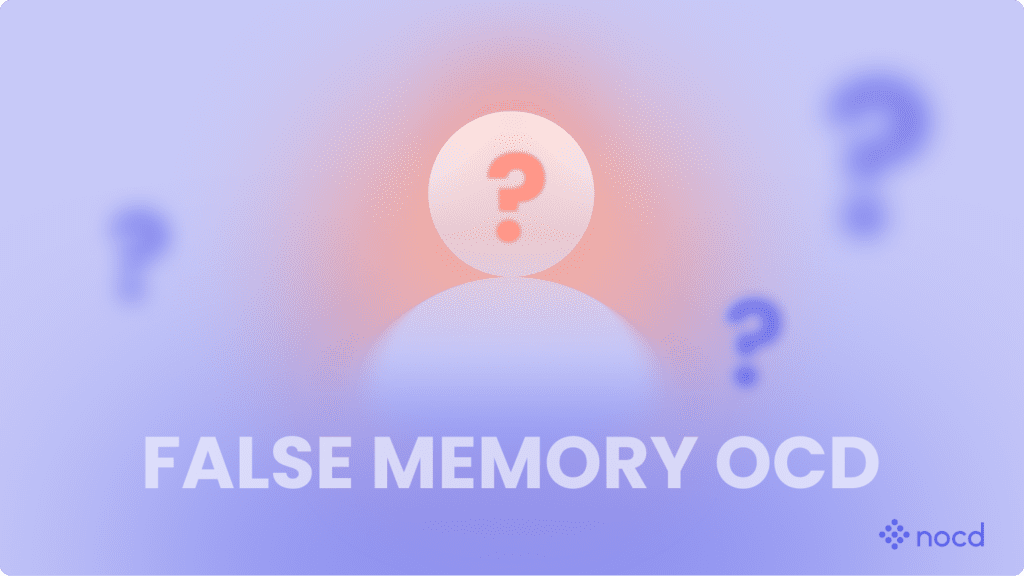 A icon of a person surrounded by question marks with the title "False memory OCD" underneath