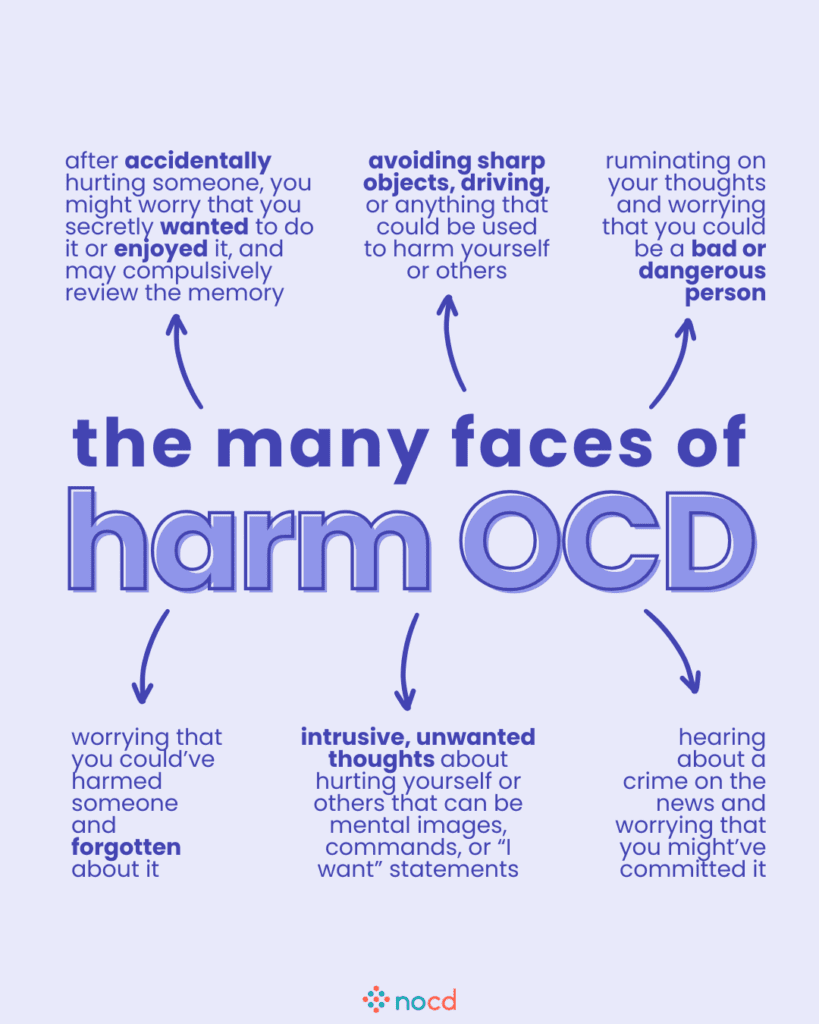 Graphic titled “the many faces of harm OCD” illustrating common experiences and fears associated with harm-related obsessive-compulsive disorder.
Key points include:
After accidentally hurting someone, fear that you secretly wanted to or enjoyed it, leading to compulsive memory review.
Avoidance of sharp objects, driving, or anything that could be used to harm.
Ruminating on thoughts and fearing you are a bad or dangerous person.
Worrying you could’ve harmed someone and forgotten.
Intrusive, unwanted thoughts or mental images about hurting yourself or others, including “I want” statements.
Hearing about a crime on the news and fearing you may have committed it.
--
Lavender background with dark purple and blue text. NOCD logo appears at the bottom center.