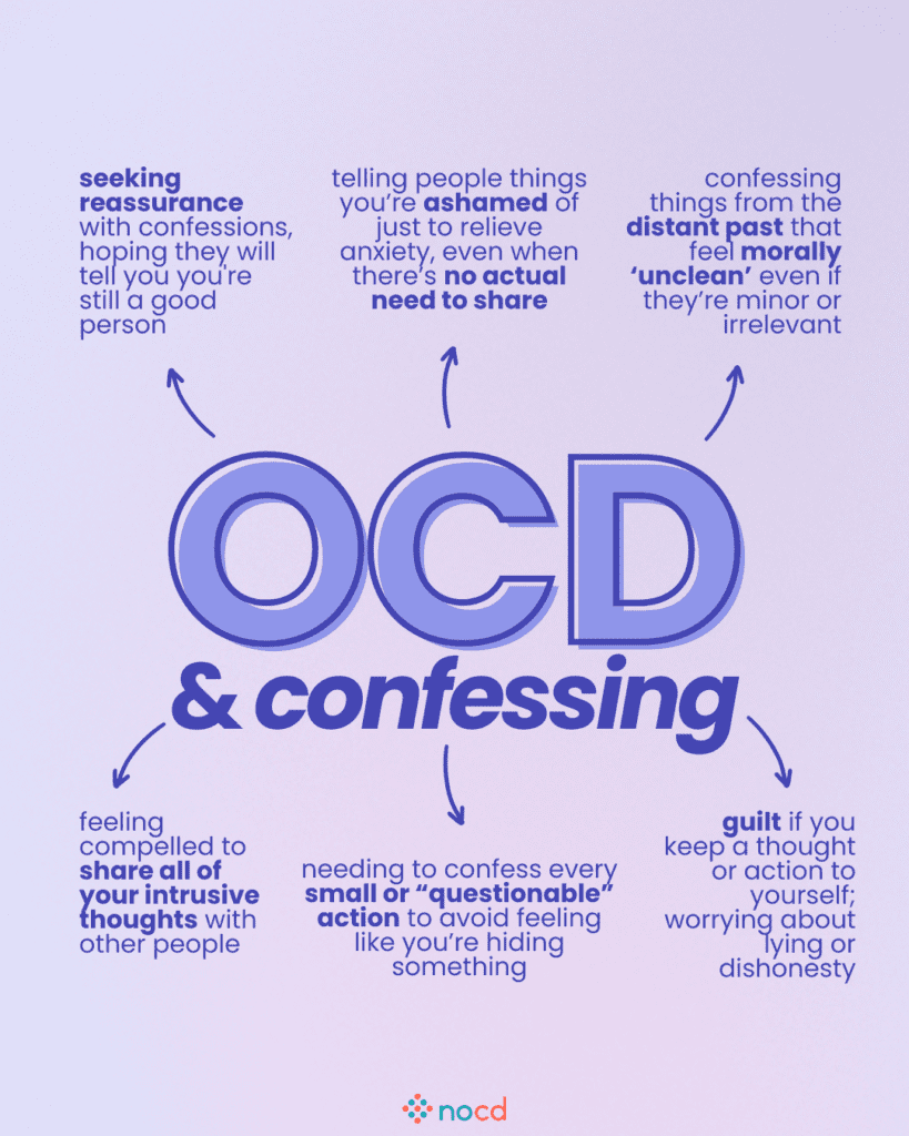 Graphic titled “OCD & confessing” describing how compulsive confession can show up as a symptom of OCD.
Examples include:
Seeking reassurance by confessing, hoping to be told you’re still a good person.
Sharing things you’re ashamed of just to relieve anxiety, even if there's no actual need to share.
Confessing events from the distant past that feel morally “unclean,” even if minor or irrelevant.
Feeling compelled to share all intrusive thoughts with others.
Needing to confess every small or questionable action to avoid feeling like you’re hiding something.
Feeling guilt for keeping thoughts to yourself; fear of lying or dishonesty.
--
Light purple background with bold and dark blue text. The NOCD logo appears at the bottom center.