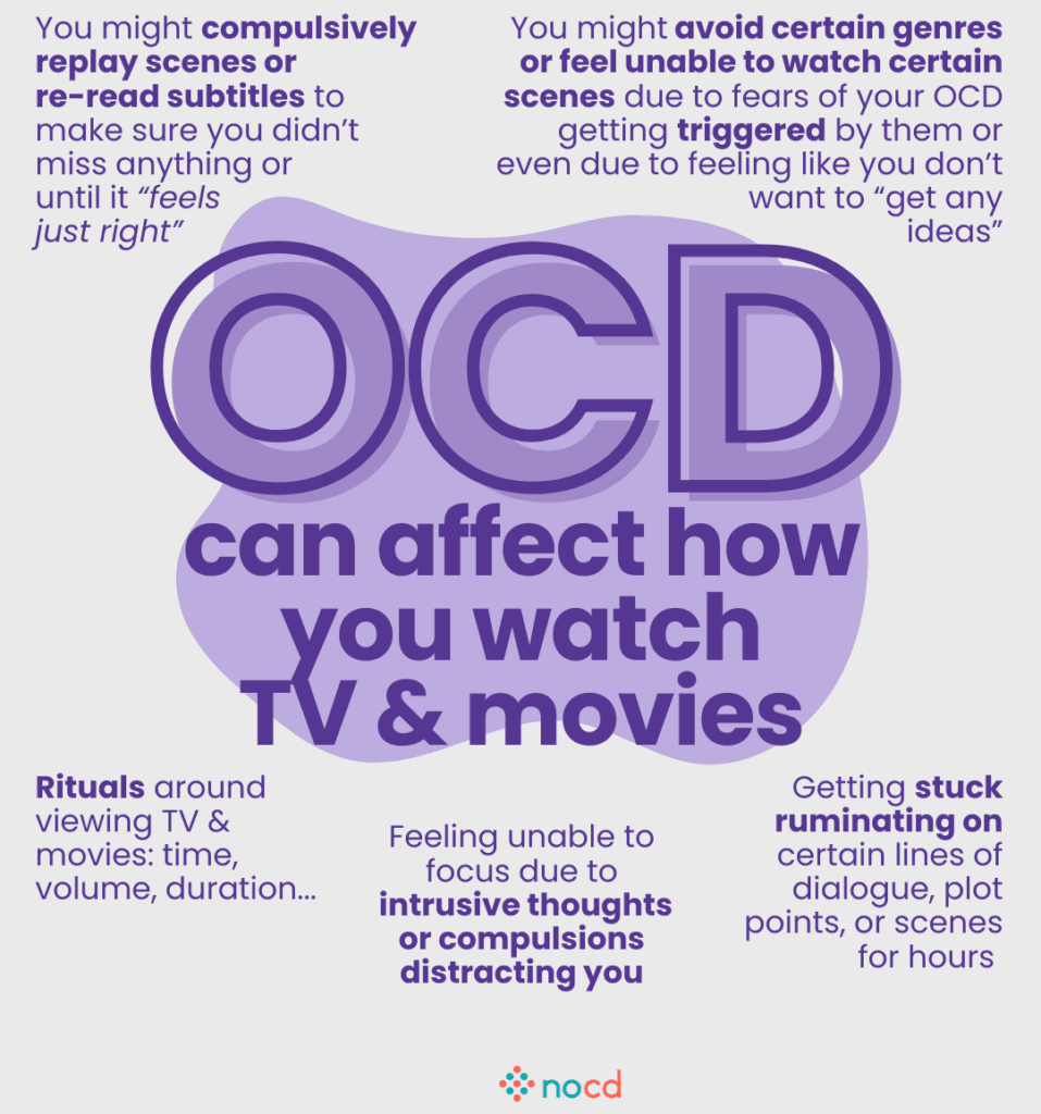 Graphic titled “OCD can affect how you watch TV & movies,” explaining different ways OCD can impact the viewing experience.
Key points include:
Compulsively replaying scenes or re-reading subtitles to ensure nothing was missed or until it “feels just right.”
Avoiding certain genres or scenes due to fear of being triggered or not wanting to “get any ideas.”
Rituals around how you watch—related to time, volume, or duration.
Intrusive thoughts or compulsions making it hard to focus.
Ruminating for hours on lines of dialogue, plot points, or scenes.
--
Background features bold purple text on a white and lavender design, with the NOCD logo at the bottom.