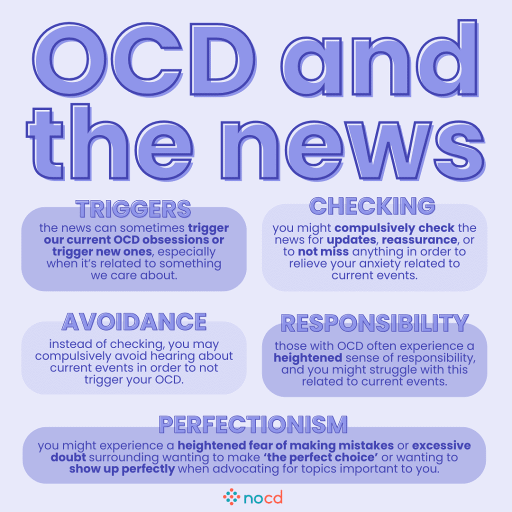 Graphic titled “OCD and the news” describing how news consumption can interact with OCD symptoms. Includes six labeled sections:
- Triggers: News can trigger existing OCD obsessions or spark new ones, especially on topics we care about.
- Checking: Compulsive news checking for updates, reassurance, or to avoid missing anything that might cause anxiety.
- Avoidance: Avoiding current events entirely to prevent OCD triggers.
- Responsibility: Heightened sense of responsibility about news-related issues, leading to distress.
- Perfectionism: Fear of making mistakes or excessive doubt, especially around making ‘the perfect choice’ or advocating perfectly for causes.
Light purple background with NOCD logo at the bottom. Bold and highlighted text in purple and blue tones.