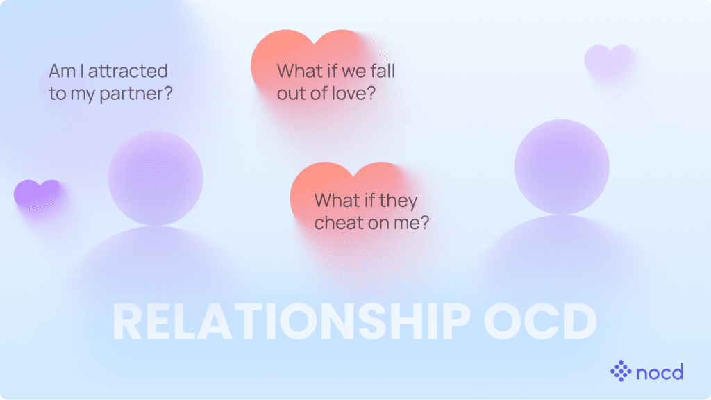 An image of two people surround by hearts that include intrusive thoughts about relationships