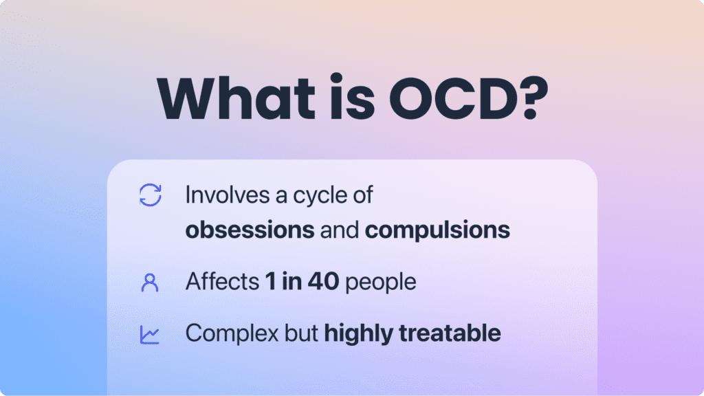 What is OCD? It involves a cycle of obsessions and compulsions. It affects 1 in 40 people. It is complex, but highly treatable.